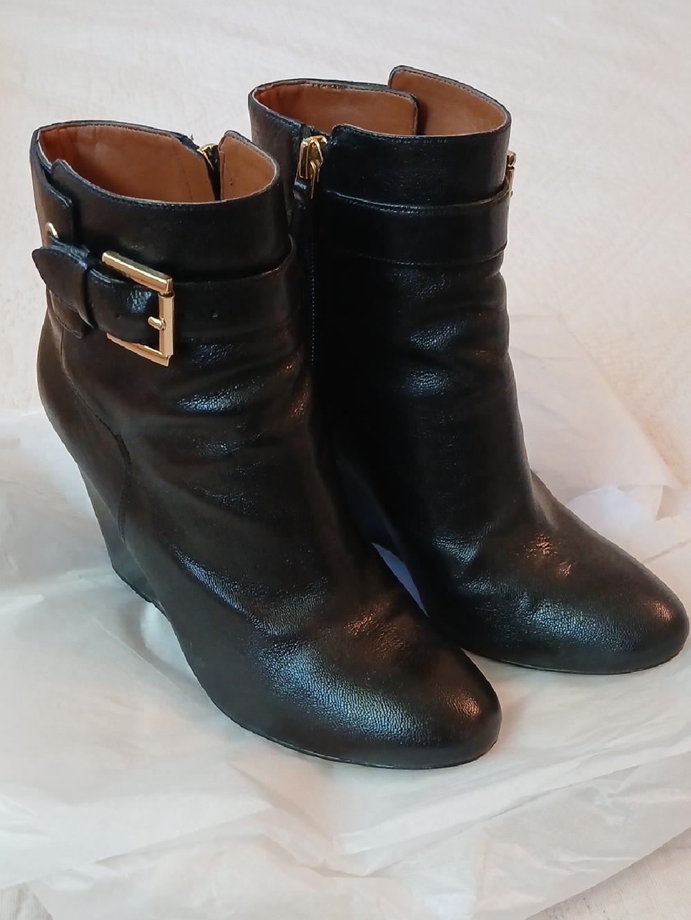 Nine West Black Wedge Ankle Boots with Gold Buckle